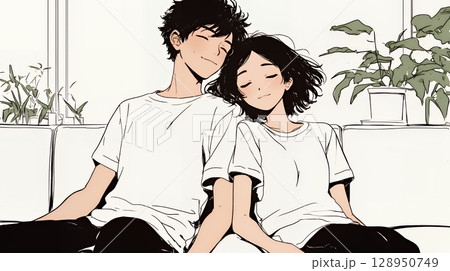 幸せそうなカップル：リビングルームて談笑（シンプルな色使い）