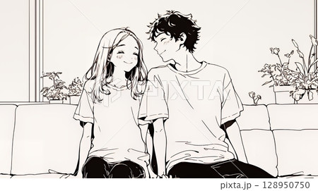 幸せそうなカップル：リビングルームて談笑（シンプルな色使い）