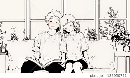 幸せそうなカップル：リビングルームて談笑（シンプルな色使い）