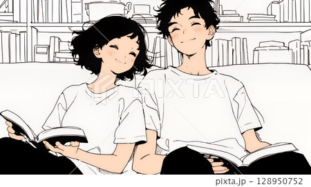 幸せそうなカップル：リビングルームて談笑（シンプルな色使い）