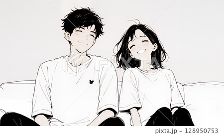 幸せそうなカップル：リビングルームて談笑（シンプルな色使い）