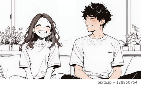 幸せそうなカップル：リビングルームて談笑（シンプルな色使い）