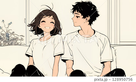 幸せそうなカップル：リビングルームて談笑（シンプルな色使い）