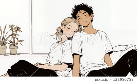 幸せそうなカップル：リビングルームて談笑（シンプルな色使い）