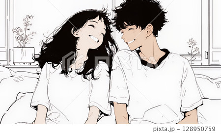 幸せそうなカップル：リビングルームて談笑（シンプルな色使い）