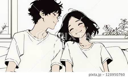 幸せそうなカップル：リビングルームて談笑（シンプルな色使い）
