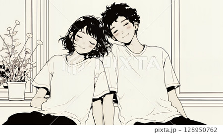 幸せそうなカップル：リビングルームて談笑（シンプルな色使い）