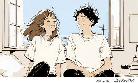 幸せそうなカップル：リビングルームて談笑（シンプルな色使い）