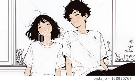 幸せそうなカップル：腰掛けて談笑（シンプルな色使い）