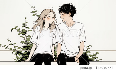 幸せそうなカップル：腰掛けて談笑（シンプルな色使い）