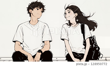 幸せそうなカップル：腰掛けて談笑（シンプルな色使い）