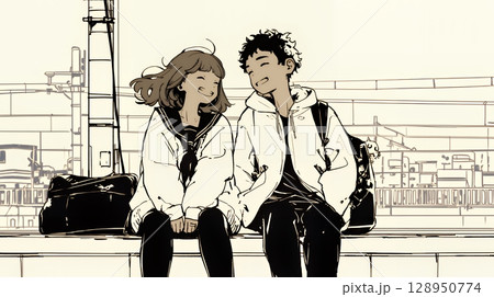 幸せそうなカップル：腰掛けて談笑（シンプルな色使い）
