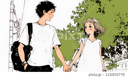 幸せそうなカップル：散歩中（シンプルな色使い）