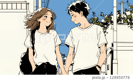 幸せそうなカップル：散歩中（シンプルな色使い）