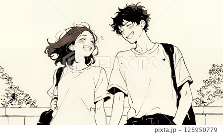 幸せそうなカップル：散歩中（シンプルな色使い）