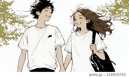 幸せそうなカップル：散歩中（シンプルな色使い）