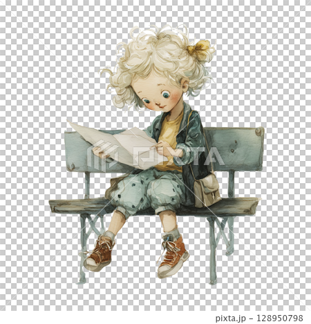 Young girl intently studies map while sitting on bench, seemingly lost in thought and determined to find her way. little explorer is full of hope 128950798
