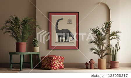 Apatosaurus drawing on wall creates playful, imaginative atmosphere. charming dinosaur print adds touch of whimsical charm to this modern living space 128950817