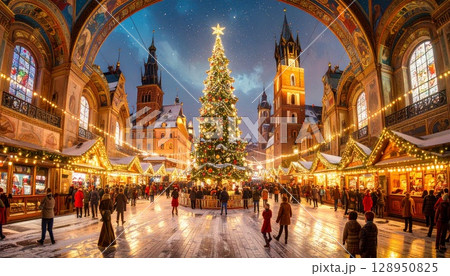 雪が降る夜にクリスマスのイルミネーションと人々で賑わう街のクリスマス・マーケットのイラスト 雪が降る夜にクリスマスのイルミネーションと人々で賑わう街のクリスマス・マーケットのイラスト 128950825