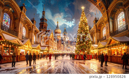 雪が降る夜にクリスマスのイルミネーションと人々で賑わう街のクリスマス・マーケットのイラスト 128950826
