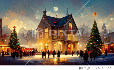 雪が降る夜にクリスマスのイルミネーションと人々で賑わう街のクリスマス・マーケットのイラスト 128950827