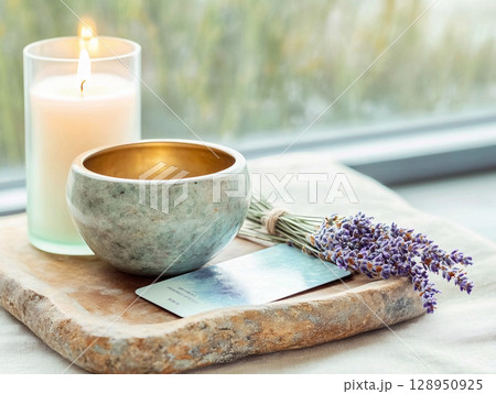 ウェルネスと癒やし、アロマキャンドルとシンギングボウル ウェルネスと癒やし、アロマキャンドルとシンギングボウル 128950925