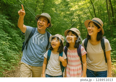今どきの小学生の夏休み生活　家族写真　山登り　 128951013