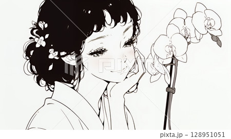蘭の花と若い女性（シンプルな色使い）
