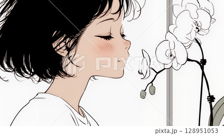 蘭の花と若い女性（シンプルな色使い）