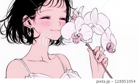 蘭の花と若い女性（シンプルな色使い）