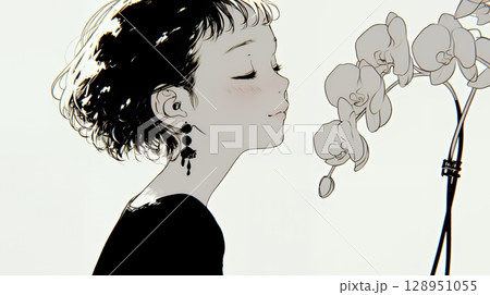 蘭の花と若い女性（シンプルな色使い）