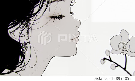 蘭の花と若い女性（シンプルな色使い）