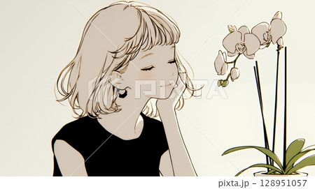 蘭の花と若い女性（シンプルな色使い）