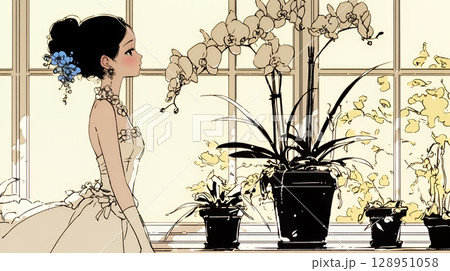 蘭の花と若い女性（シンプルな色使い）