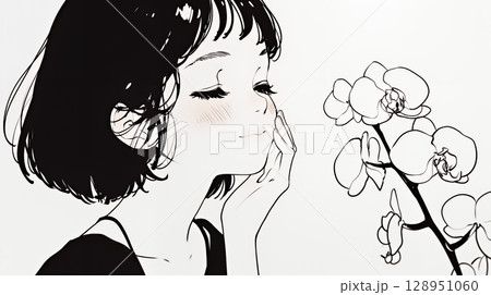 蘭の花と若い女性（シンプルな色使い）