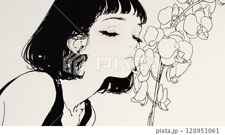 蘭の花と若い女性（シンプルな色使い）