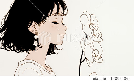 蘭の花と若い女性（シンプルな色使い）