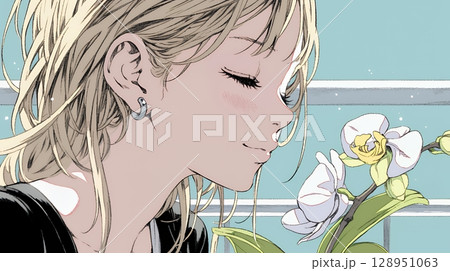蘭の花と若い女性
