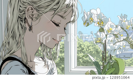 蘭の花と若い女性