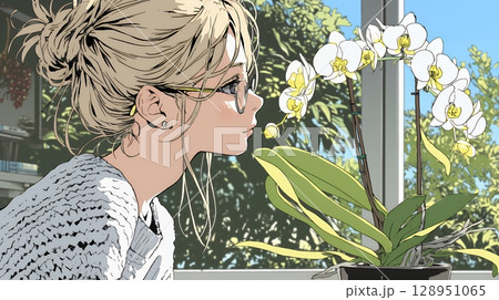 蘭の花と若い女性