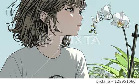 蘭の花と若い女性