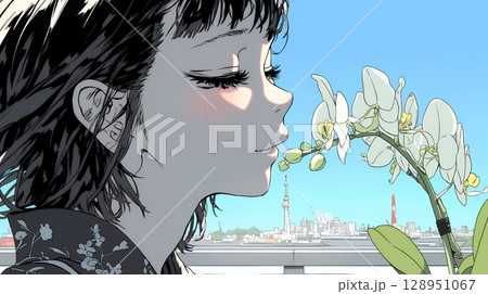 蘭の花と若い女性