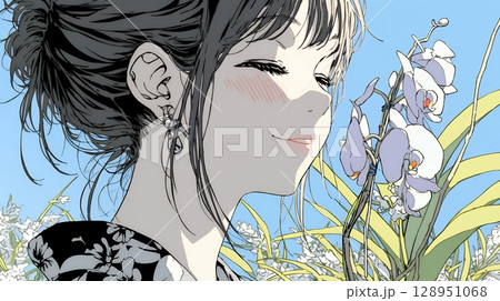 蘭の花と若い女性