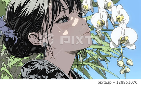 蘭の花と若い女性