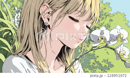 蘭の花と若い女性