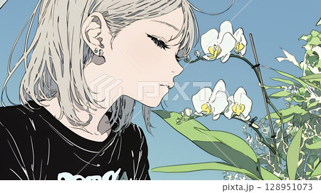 蘭の花と若い女性