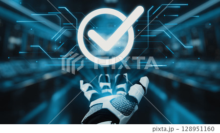 Futuristic robotic hand displaying a glowing check mark symbol over a high-tech digital background, representing technology validation and assurance in automation. Auvana Futuristic robotic hand displaying a glowing check mark symbol over a high-tech digital background, representing technology validation and assurance in automation. Auvana 128951160