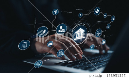 Digital law interface displaying justice scale, highlighting digital law Elide 128951325