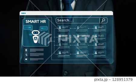 Futuristic Human Resources Concept with AI Technology and Digital Interface for Smart HR Solutions in Professional Setting. Qubit 128951379