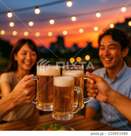ビアガーデンの乾杯・夏の夕暮れに楽しむグラスビール 128951490